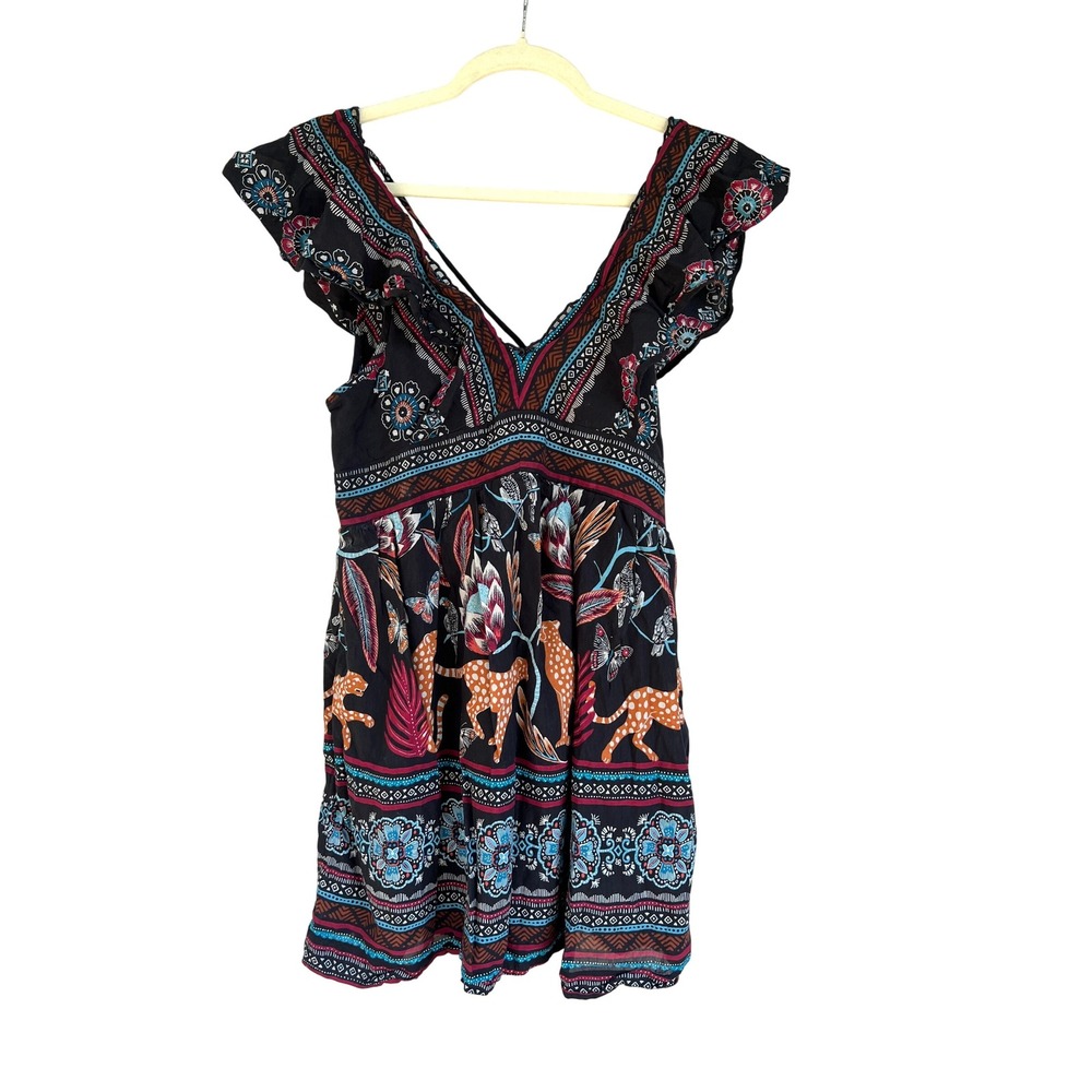 Anthropologie Dress XXS Animal Print Sleeveless Ruffle Mini Dress Tunic Boho